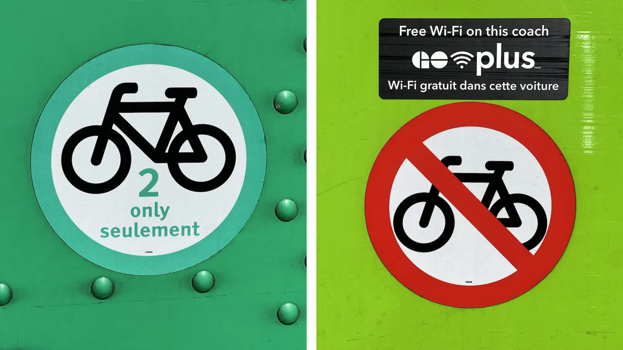 A composite image that shows bike icons on two GO Trains. The icon on the train on the left shows a bike in silhouette in a whte circle with a green border. Beneath the icon there's text that reads "2 only seulement". The icon on the train on the right shows a bike in silhouette in a white circle with a red border and a read bar through it. There’s text that reads “GO Plus. Free Wi-Fi on this coach. Wi-Fi gratuit dans cette voiture.”